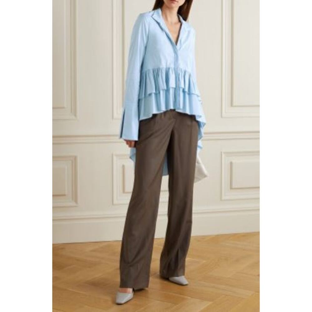 Caroline Constas Blouse Shirt Blue Tatiana Asymmetric Ruffled Cotton Size Large